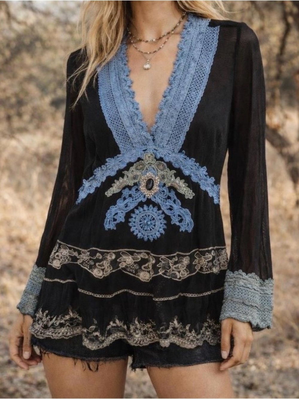 hugging kisses Black Boho Lace-Trim Deep V Blouse with Blue Embroidery
